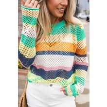 Green Colorblock Patchwork Knit Crochet Eyelet Sweater