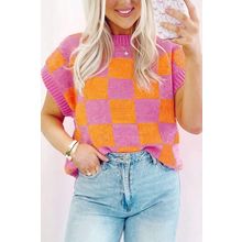Strawberry Pink Colorblock Plaid Pattern Ribbed Trim Sweater Tank Top