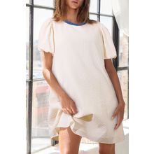 Beige Stripe Seersucker Contrast Round Neck Puff Sleeve T Shirt Dress
