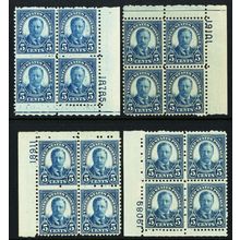 637, Mint NH 5¢ Four Plate Blocks CV $70.00 - Stuart Katz