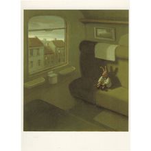 Rabbit in Train Railway Carriage German Painting Postcard