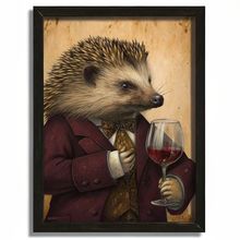 Hedgehog in Dapper Suit Sipping Red Wine Vintage Anthropomorphic Animal Wall Art