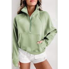 Smoke Green Fleece Lined Zip Up Stand Collar Thumbhole Sleeve Sweatshirt