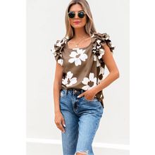 Brown Floral Textured Ruffled Short Sleeve Square Neck Blouse