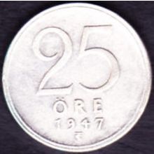 1947 Sweden 25 Ore Silver Coin