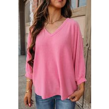 Strawberry Pink Striped Print Bracelet Sleeve V Neck Top