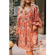 Orange Floral Print Split V Neck Bubble Sleeve Plus Size Midi Dress