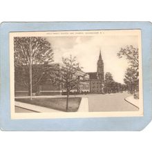 Rhode Island Woonsocket Postcard Holy Family School & Church Street Scene ~1273