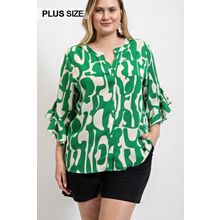 Women's Green & White Geometric Print Ruffled Bell Sleeve Woven Top