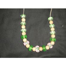 Exquisite handmade green & pink lampwork glass & natural wood bead necklace