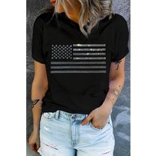 Black Glittering Rhinestone American Flag Pattern T Shirt