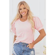 Pink Stripe Textured Puff Sleeve Crewneck Top