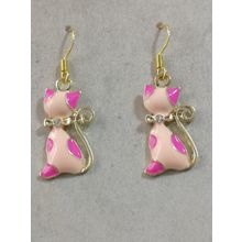 Drop / Dangle Earrings - Pink Enamelled Cat - Gold Plated Hooks