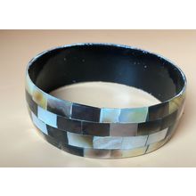 Gold Oyster MOP mosaic, iridescent, bangle bracelet, 3” wide, 1” depth