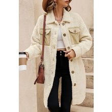 Beige Contrast Flap Pocket Single Breasted Teddy Coat