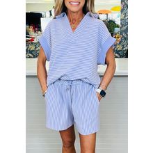Sky Blue Stripe Dolman Sleeve Polo Shirt and Drawstring Shorts Set