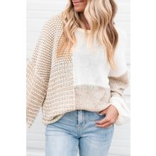 Oatmeal Mixed Pattern Knit Tie Keyhole Drop Shoulder Sweater