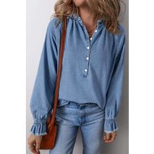 Sky Blue Frilled Raw Hem Half Buttoned Denim Top