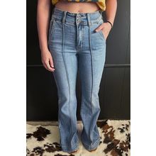 Dusk Blue 2 Button High Waist Piping Trim Bootcut Jeans