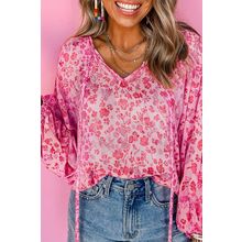 Pink Floral Puff Sleeve Split Neck Lightweight Blouse