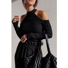 Black Ribbed Knit Cold Shoulder Choker Neck Sweater