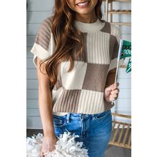 Khaki Checkered Color Block Crew Neck Short Sleeve Sweater