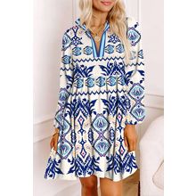 Blue Ethnic Print Striped Split Neck Long Sleeve Flowy Mini Dress