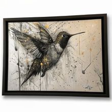 Hummingbird in Flight Art Print - Gold & Black Abstract Home Decor Bird Wall Art