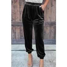 Black Solid Velvet Jogger Pants