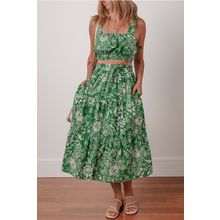 Green Floral Print Shirred Crop Top and High Waist Midi Skirt Set