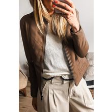 Chestnut Solid Faux Leather Zipper Slim Fit Bomber Jacket