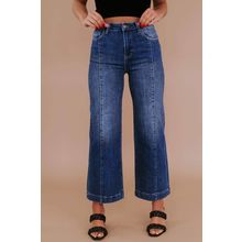 Navy Blue Plus Size Seamed Wide Leg High Waist Jeans