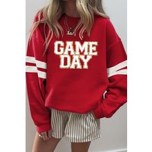 Fiery Red Glitter Trim GAME DAY Letter Graphic Oversized Varsity Sweatshirt