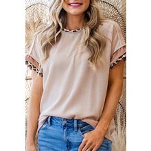 Jet Stream Leopard Patchwork Corded Knit Crew Neck T Shirt
