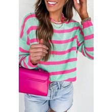 Green Stripe Round Neck Casual Sweater