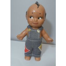 Vintage 7" Kewpie Doll With Blue Wings Bisque Porcelain Standing in Coveralls