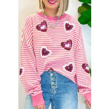 Pink Stripe Sequin Heart Patched Pattern Long Sleeve Valentines Top