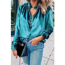 Green Frilled Neck Buttoned Front Velvet Top