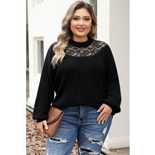 Black Plus Size Ribbed Knit Lace Splicing High Neck Sweater