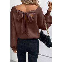 Coffee Lantern Sleeve V Neck Knot Back Sweater
