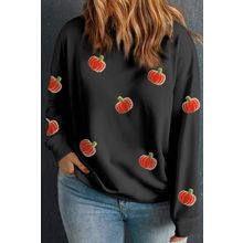 Black Chenille Pumpkin Patched Drop Shoulder Plus Size Sweatshirt