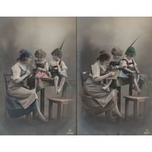 Children Dressed As Pixie Elf Gypsy Reading Sewing 2x Old Postcard s