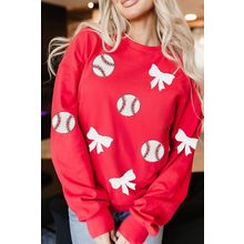 Red Sequin Baseball Bow Patched Pattern Game Day Pullover Sweatshirt