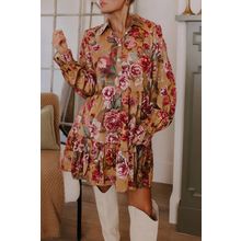 Brown Vintage Floral Print Shirt Style Half Button Long Sleeve Ruffle Mini Dress