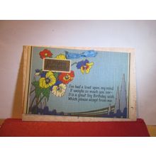 BIRTHDAY GREETINGS vintage postcard on card , ribbon Raphael Tuck date 1938 =