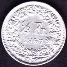 1957 B Switzerland 1 Half Franc Silver Coin