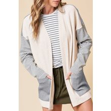 Black Stripe Colorblock Patchwork Open Front Cardigan with Pocket