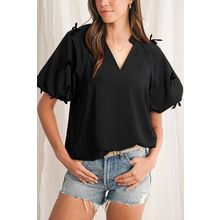 Black Bow Decor Puff Sleeve Split Neck Blouse