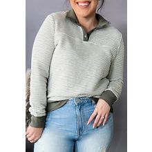 Green Striped Contrasting Trim Plus Size Henley Pullover