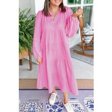 Bonbon Solid Collared V Neck Tiered Loose Fit Midi Dress